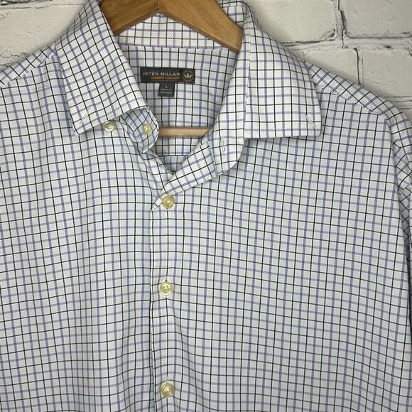 Peter Millar Summer Comfort Mens Long Sleeve Purple Gray Checkered size L Large - Picture 2 of 9